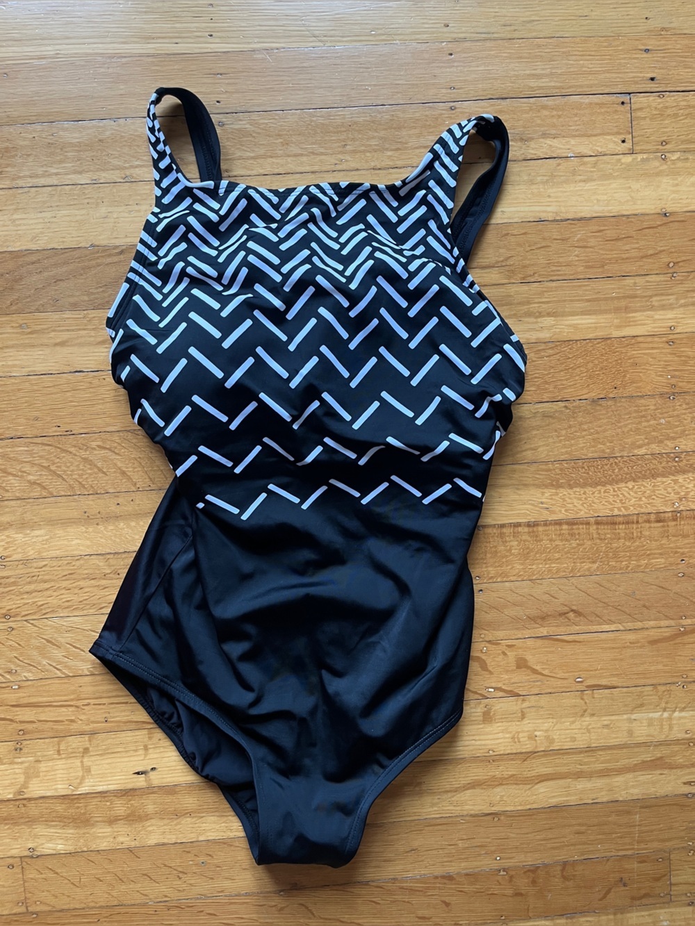 Reebok black white tank one piece swimsuit bathing suit M  geometric high neck